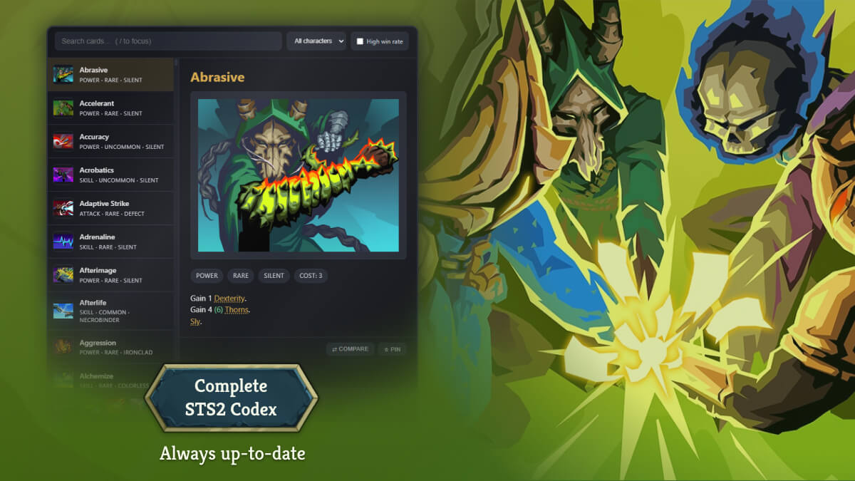 The Spire Codex card browser, showing a searchable list of cards with full details for the selected card