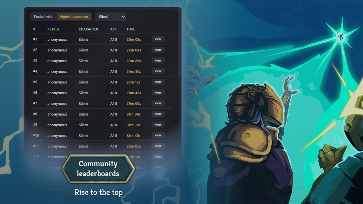 Community leaderboards ranking players by fastest wins and highest ascension