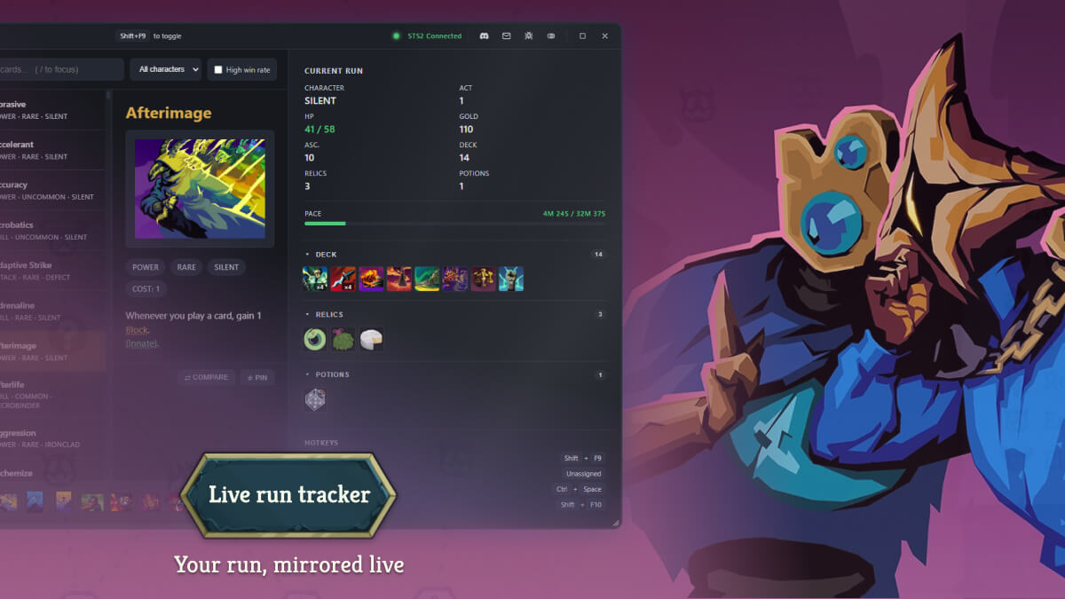 Spire Codex live run overlay beside Slay the Spire 2, mirroring the current deck, relics, potions, HP, gold, and act